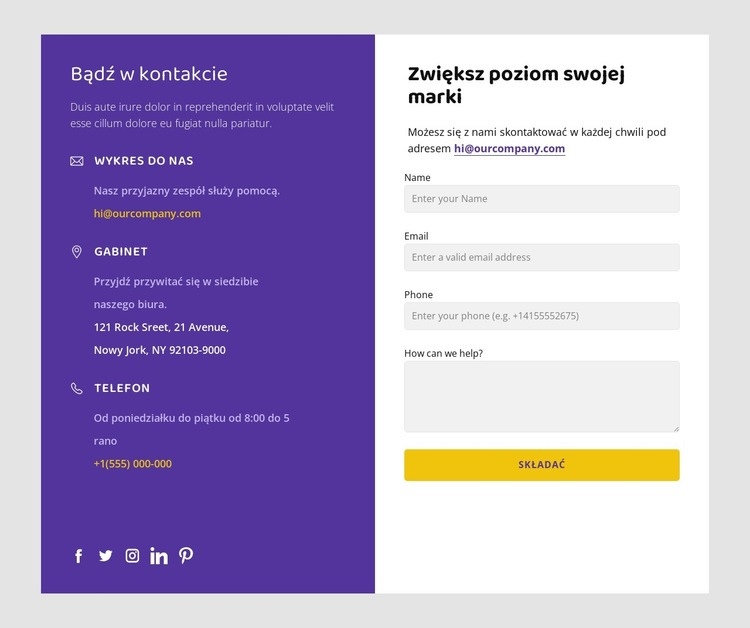 Kontakty i ikony społecznościowe Projekt strony internetowej