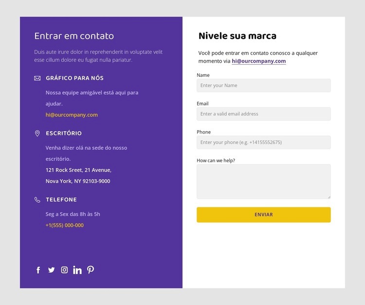 Contatos e ícones sociais Landing Page