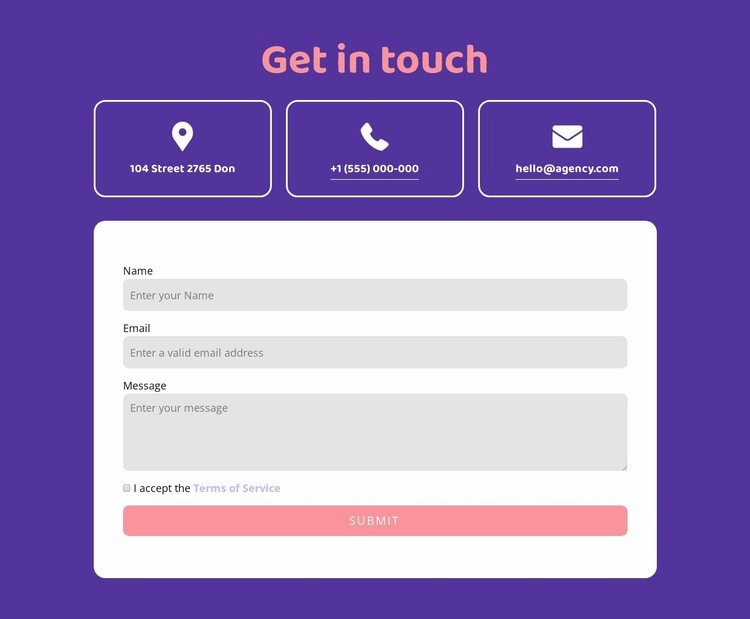 Get in touch block wih icons Squarespace Template Alternative