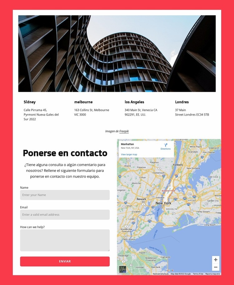 Bloque de contactos con mapa Página de destino