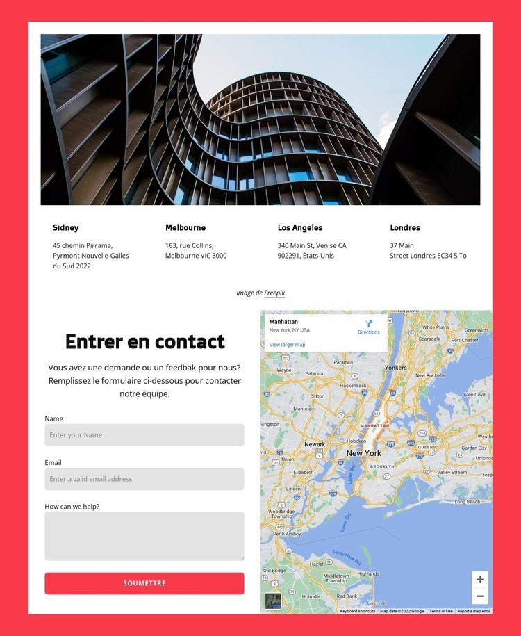 Bloc de contacts avec carte Maquette de site Web
