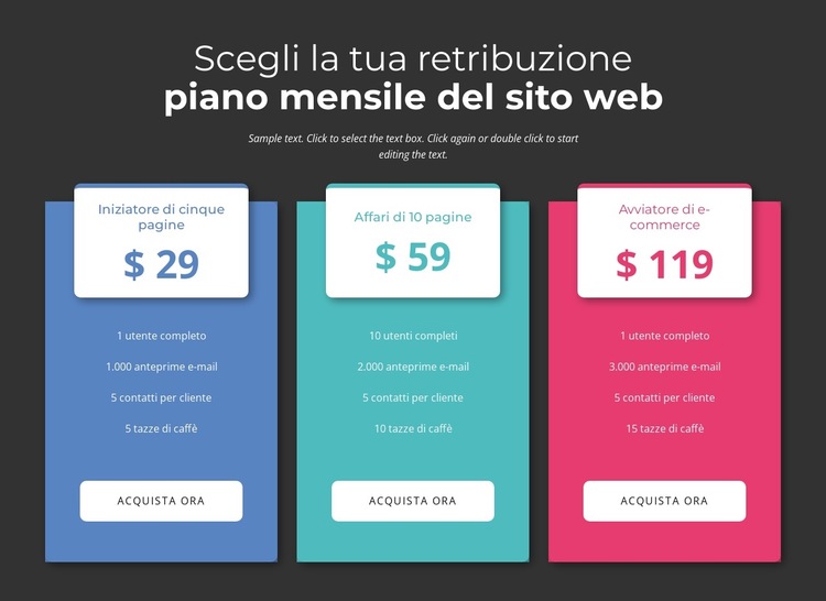 Scegli il tuo piano mensile di pagamento Modello di sito Web