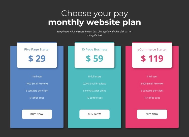 Välj din månatliga löneplan Html webbplatsbyggare