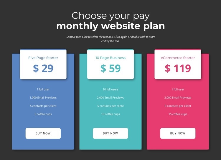 Choose your pay montly plan Web Page Design