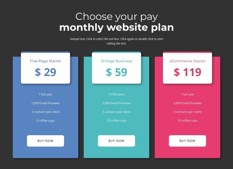 Choose your pay montly plan Website Builder Templates