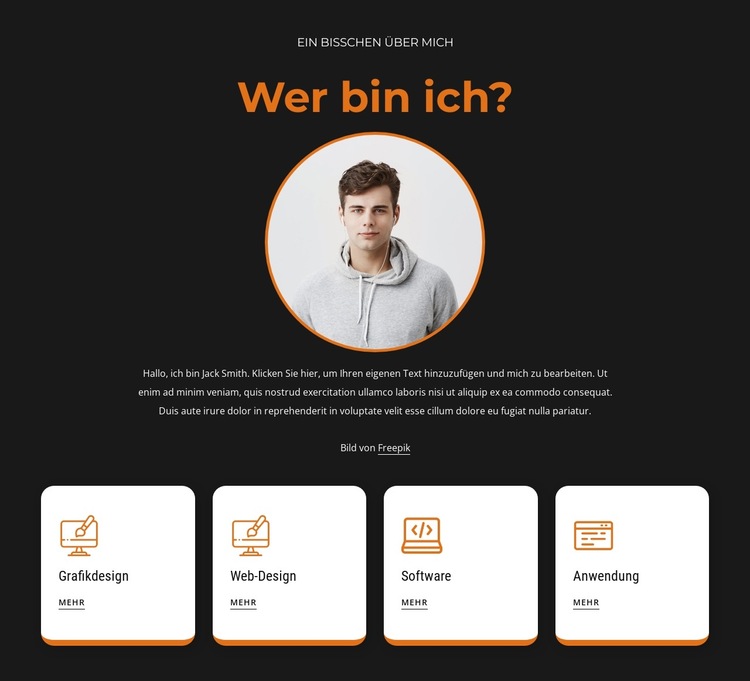 Über mich Block mit Symbolen Website-Vorlage