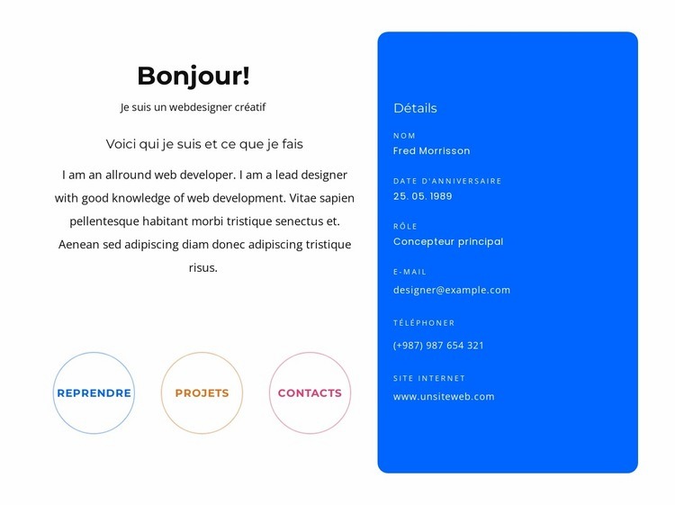 Bonjour bloc avec contacts Créateur de site Web HTML