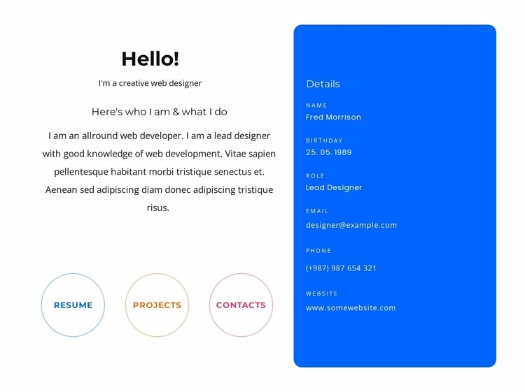 Hello block with contacts Homepage Design