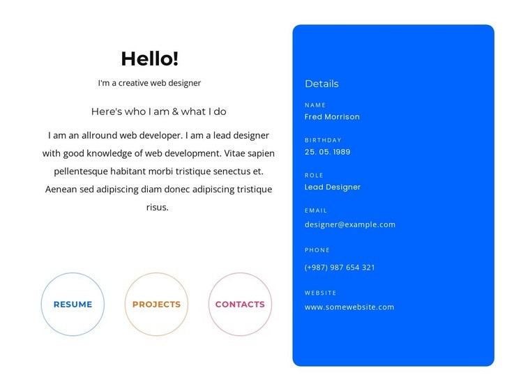 Hello block with contacts Html Code Example