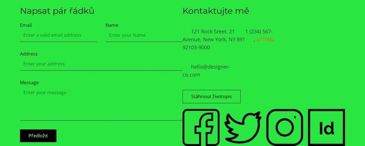 Kontaktní blok s tlačítkem a sociálními ikonami Šablona CSS