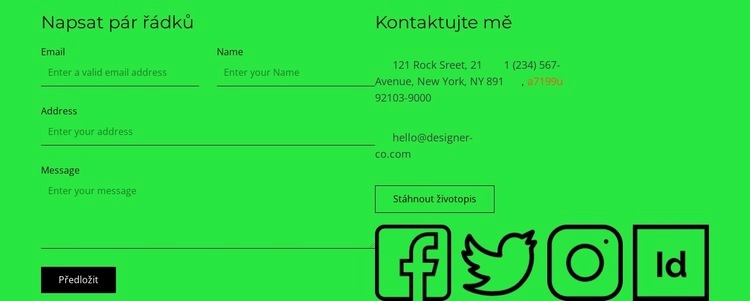 Kontaktní blok s tlačítkem a sociálními ikonami Šablona webové stránky