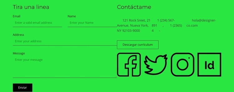 Bloque de contacto con botón e iconos sociales. Creador de sitios web HTML