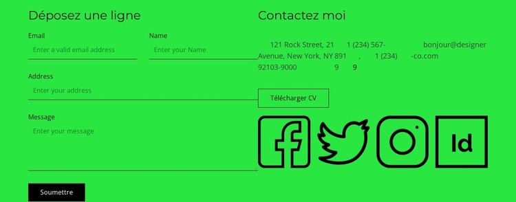 Bloc de contact avec bouton et icônes sociales Modèle HTML