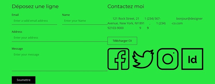 Bloc de contact avec bouton et icônes sociales Modèle Joomla