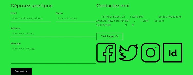 Bloc de contact avec bouton et icônes sociales Modèle d'une page