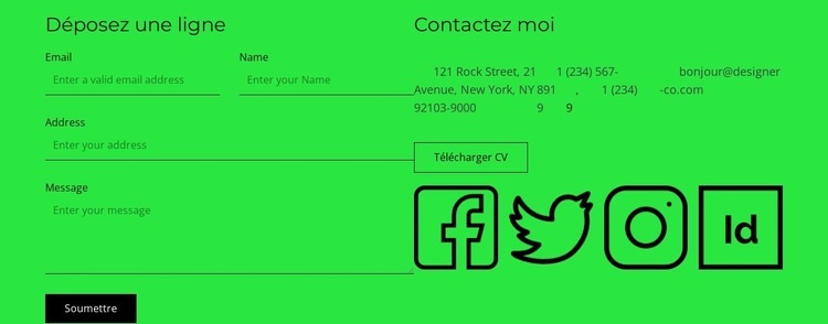 Bloc de contact avec bouton et icônes sociales Page de destination