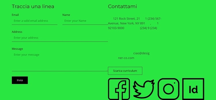 Blocco contatti con pulsante e icone social Costruttore di siti web HTML