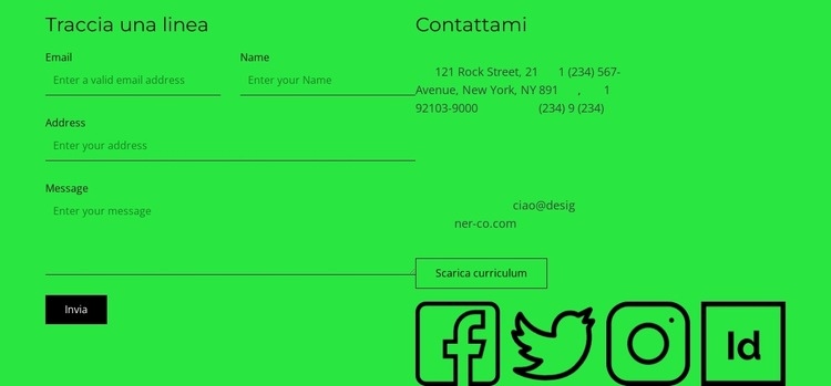 Blocco contatti con pulsante e icone social Mockup del sito web