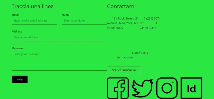 Blocco contatti con pulsante e icone social Modello CSS