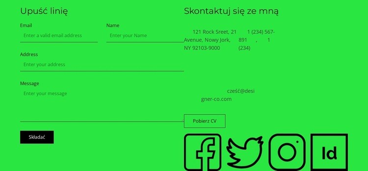 Blok kontaktowy z przyciskiem i ikonami społecznościowymi Kreator witryn internetowych HTML