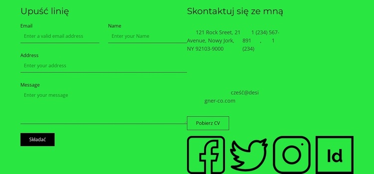 Blok kontaktowy z przyciskiem i ikonami społecznościowymi Motyw WordPress