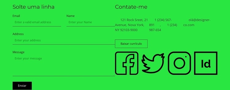 Bloco de contato com botão e ícones sociais Modelo HTML5