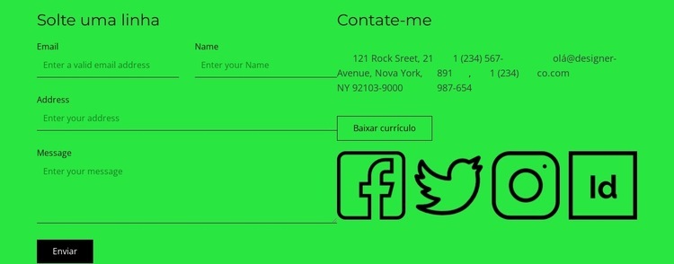 Bloco de contato com botão e ícones sociais Landing Page