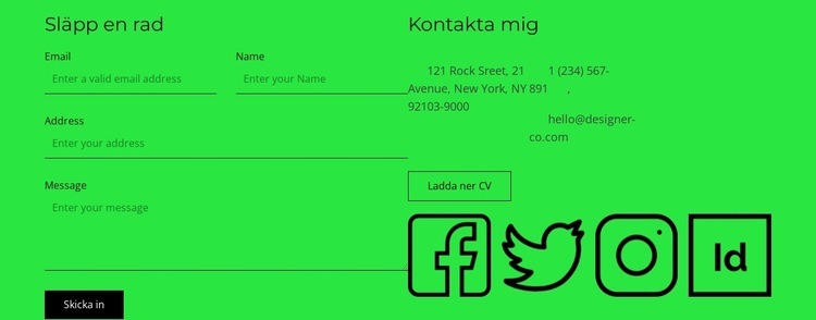 Kontaktblock med knapp och sociala ikoner CSS -mall