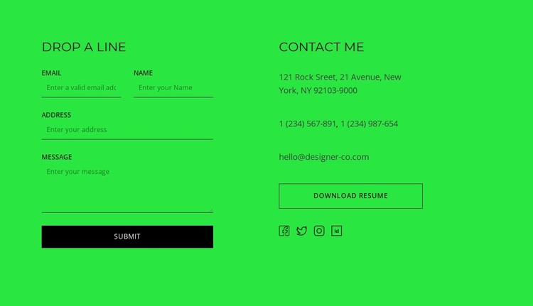 Contact block with button and social icons Website Design