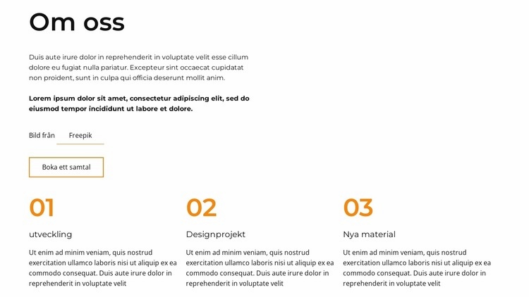 Om oss block med grid repeater Hemsidedesign