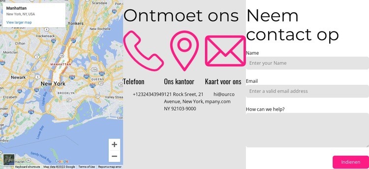 Contacteer ons blok met kaart Website mockup