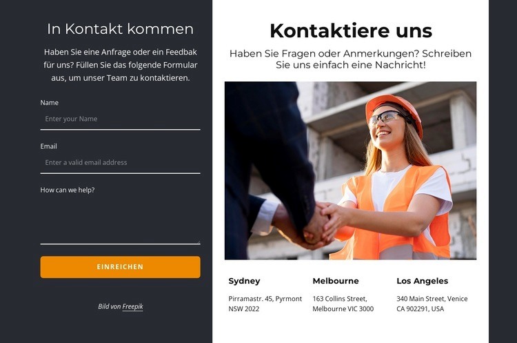 Kontaktieren Sie uns Block auf dunklem Hintergrund Website Builder-Vorlagen