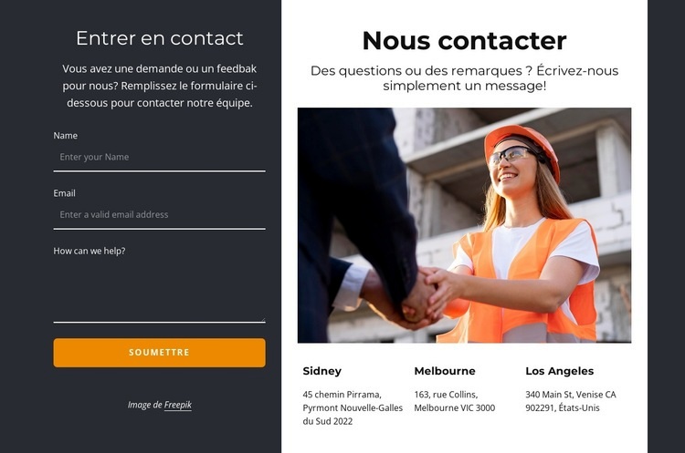 Contactez-nous bloc sur fond sombre Maquette de site Web