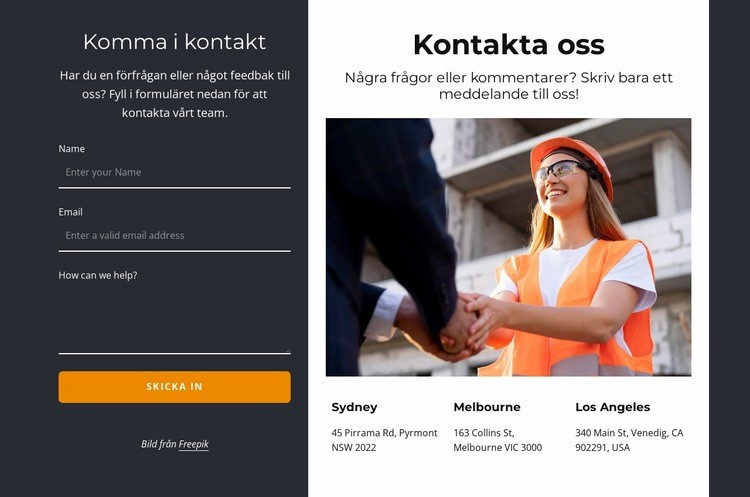 Kontakta oss block på mörk bakgrund HTML-mall