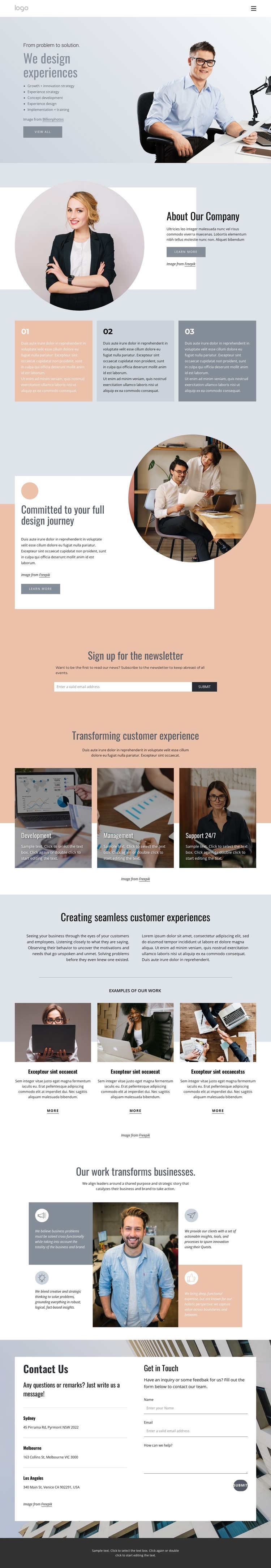 Unique design experiences, services, and products One Page Template