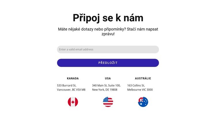 Připojte se k nám blok s kontaktním formulářem a vlajkami Šablona CSS