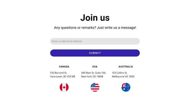 Join us block with contact form and flags CSS Template