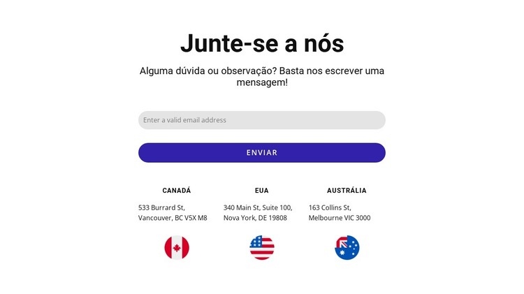 Junte-se a nós bloco com formulário de contato e bandeiras Design do site