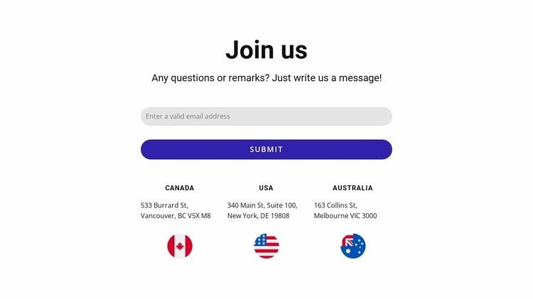 Join us block with contact form and flags Landing Page