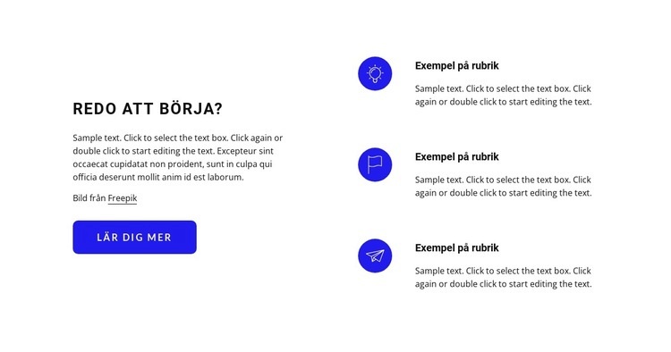 Text med ikoner och knapp Webbplats mall