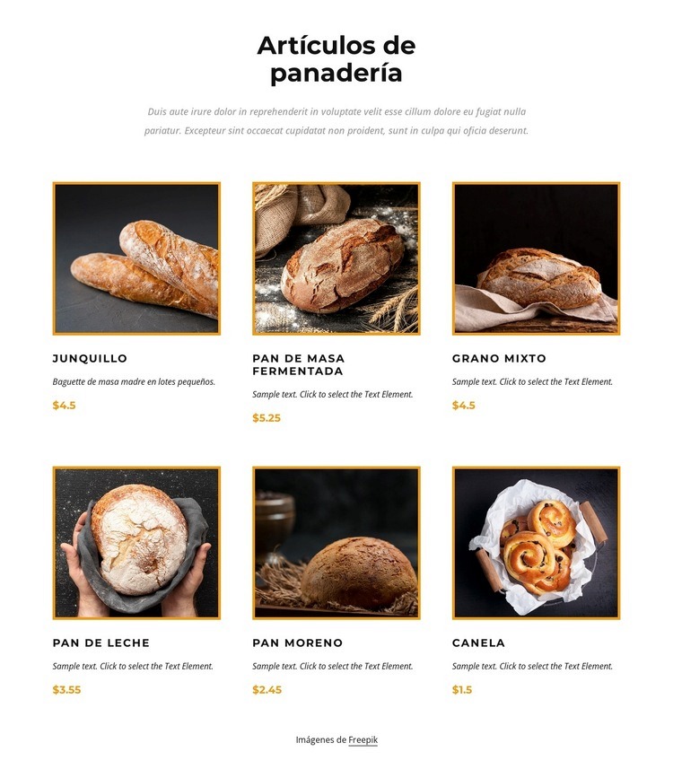 Artículos de panadería Página de destino