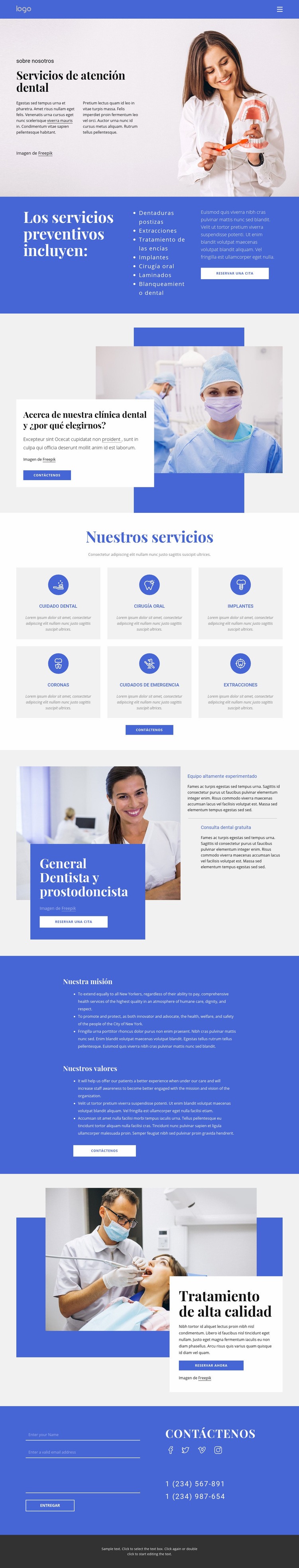Dentista y prostodoncia Maqueta de sitio web