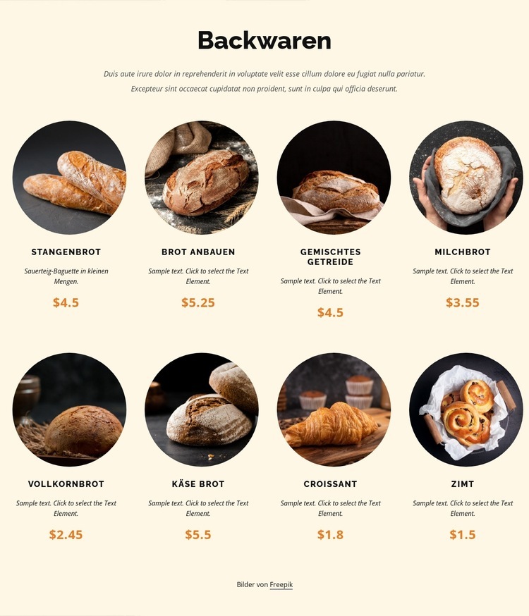 Täglich frisch gebackenes Brot Website-Modell