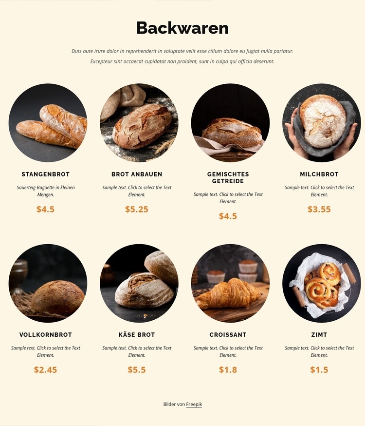 Täglich frisch gebackenes Brot Landing Page