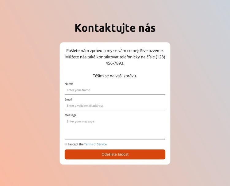 Kontaktní formulář na pozadí s přechodem Webový design