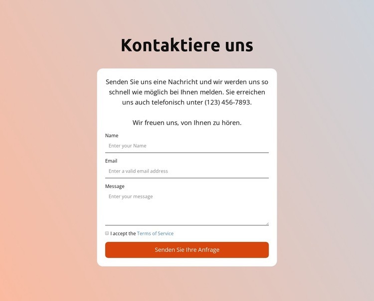 Kontaktformular auf Verlaufshintergrund Website design