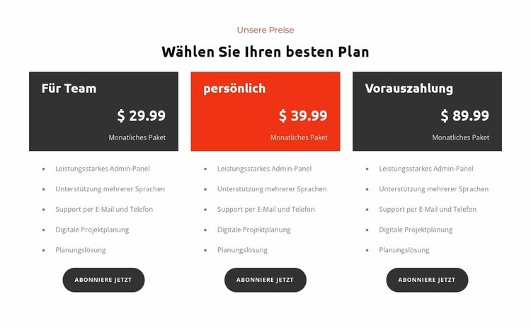 Wählen Sie einen Plan Website-Modell