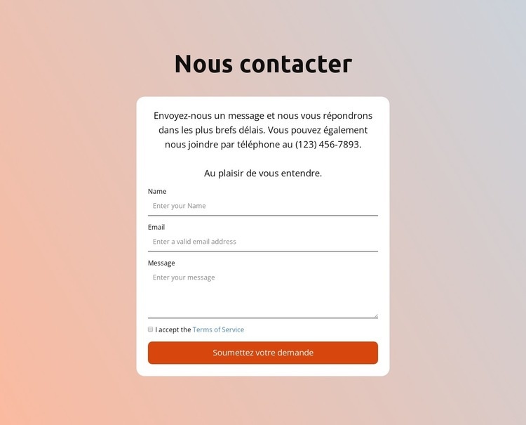 Formulaire de contact sur fond dégradé Conception de site Web