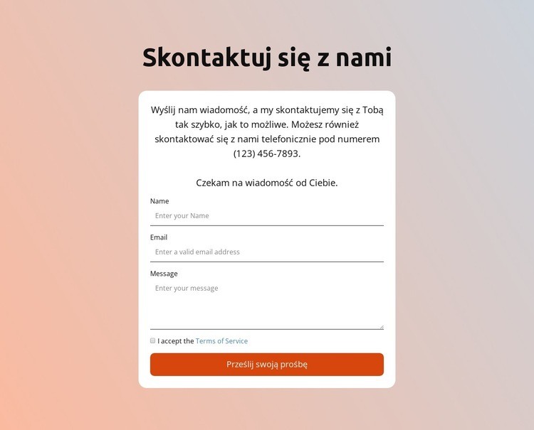 Formularz kontaktowy na gradientowym tle Makieta strony internetowej