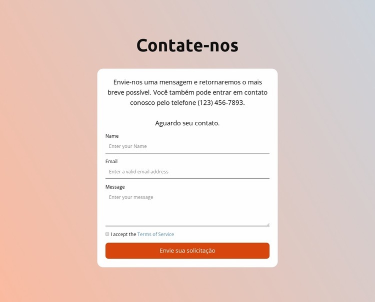 Formulário de contato no plano de fundo gradiente Design do site